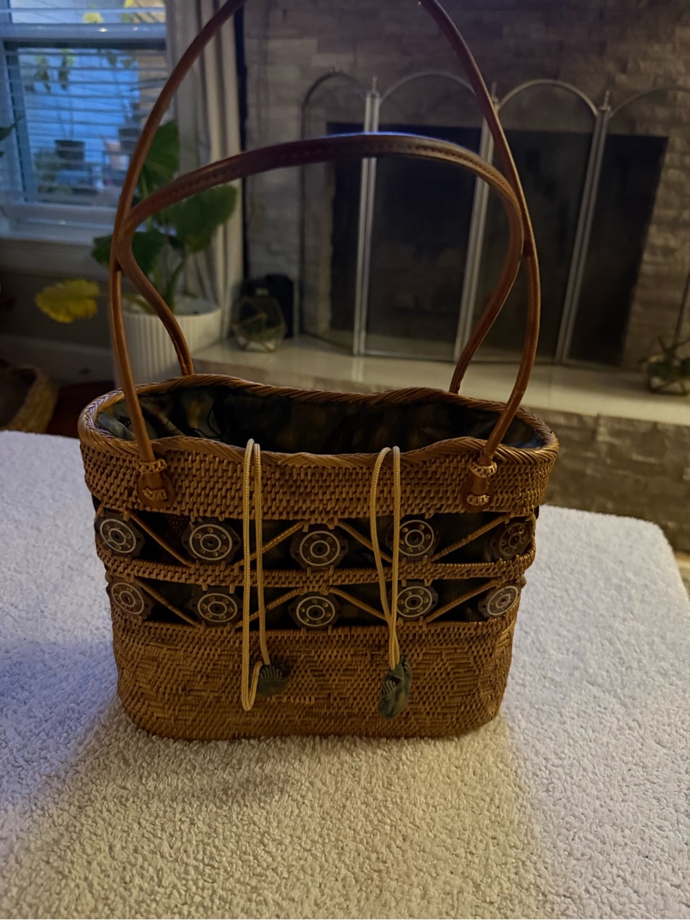 Woven Straw Tote Bag with Beaded Accent - Brown